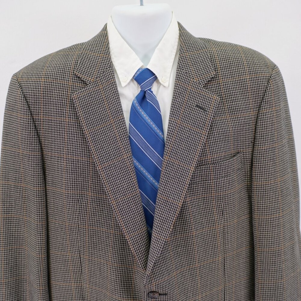Jos A Bank Tweed Texuted Wool Silk Black Tan Check W/ Brown Windowpane 42L Sport
